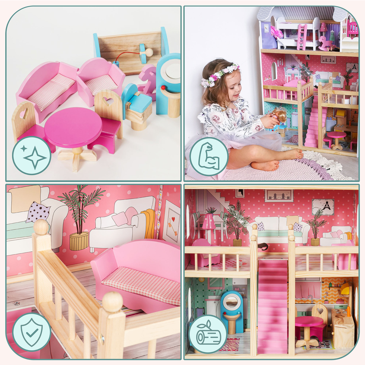 Grande casa delle bambole in legno a 3 piani con terrazza, set di mobili e illuminazione a LED!