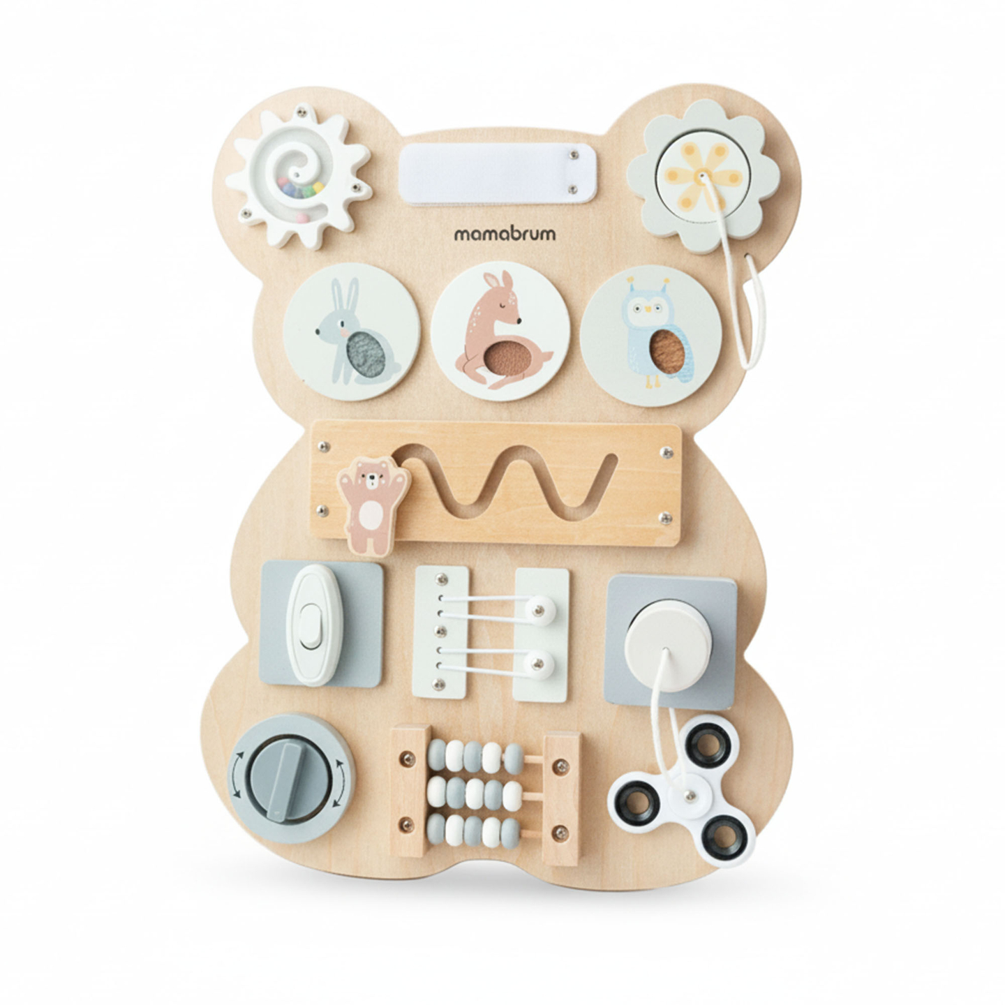 Tavola manipolativa in legno Montessori a forma di orsetto - apprendimento sensoriale dell'indipendenza: velcro, spina, labirinto, manopola a scatto