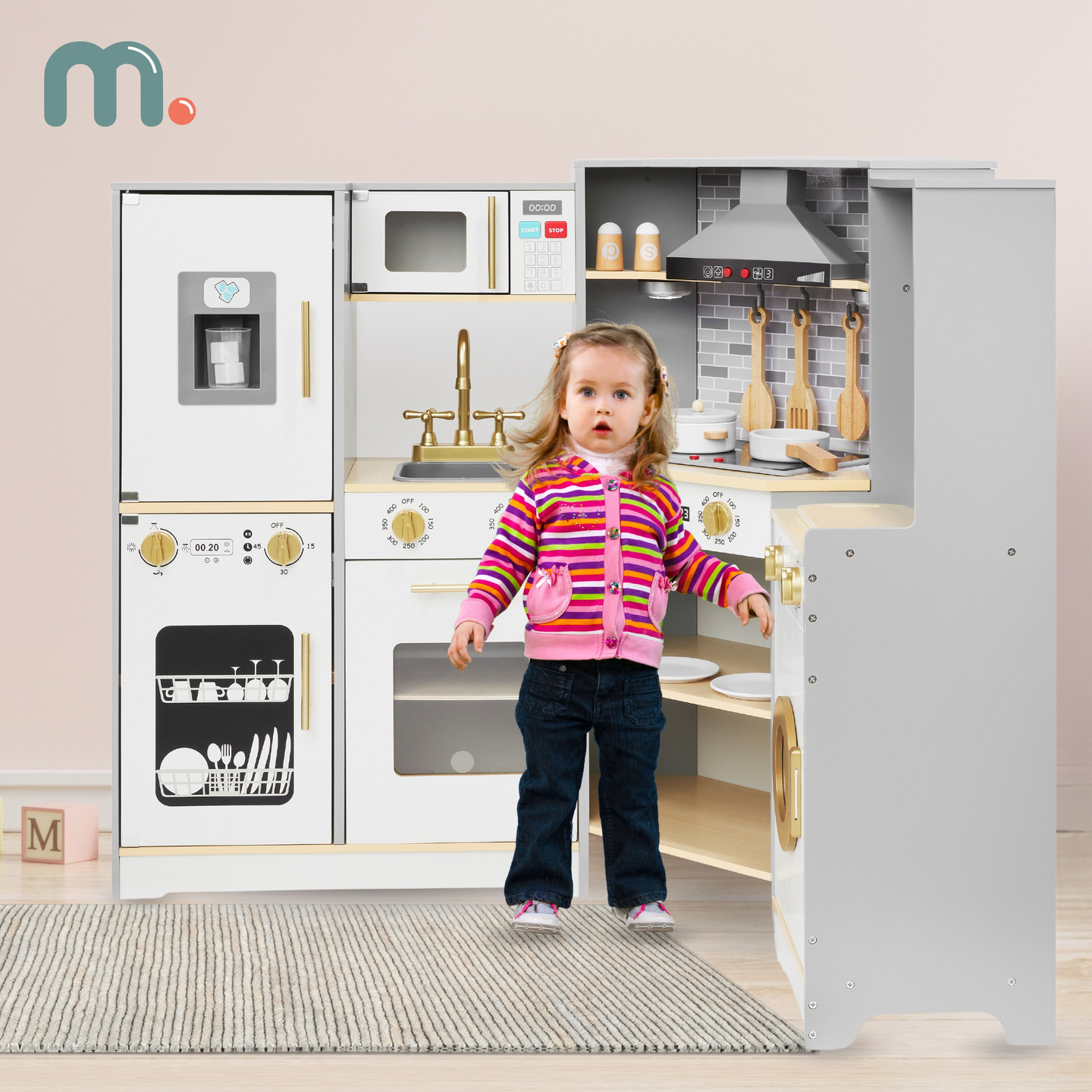 Cucina interattiva in legno XXXL con illuminazione a LED, cappa e accessori