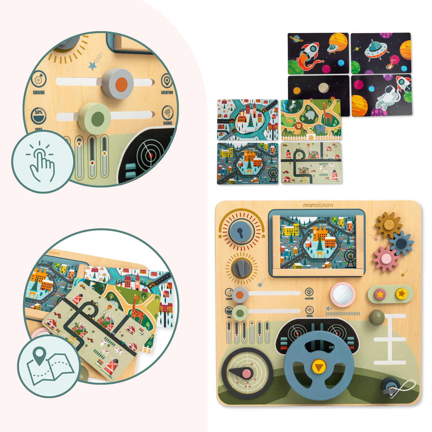 Tavola Montessori in legno 2 in 1 Cockpit per piccoli conducenti e piloti: volante, cambio, mappe di viaggio, radar