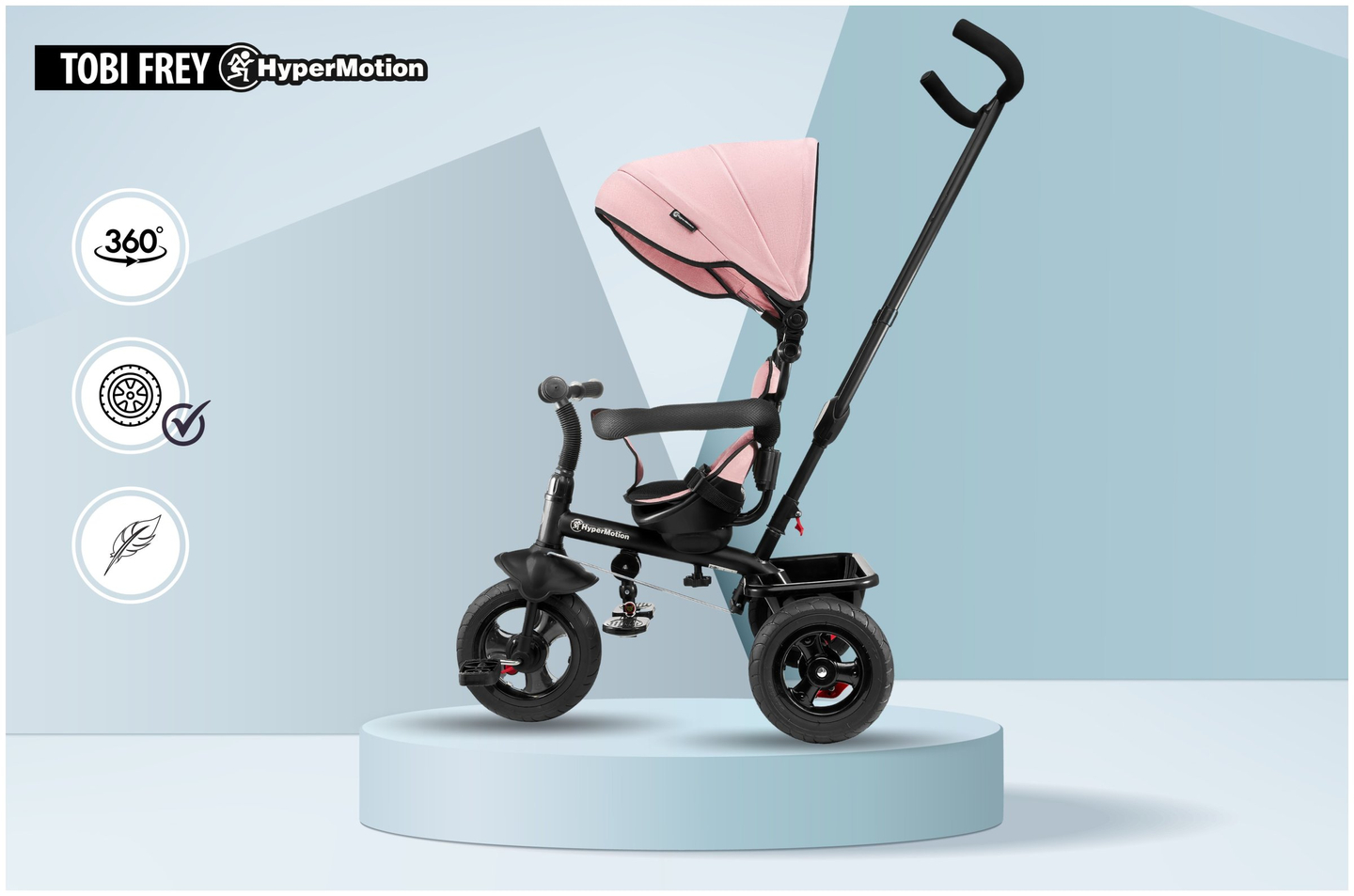 Triciclo per bambini 1-4 anni - TOBI FREY - colore rosa - girevole - ruote pompate + spintore