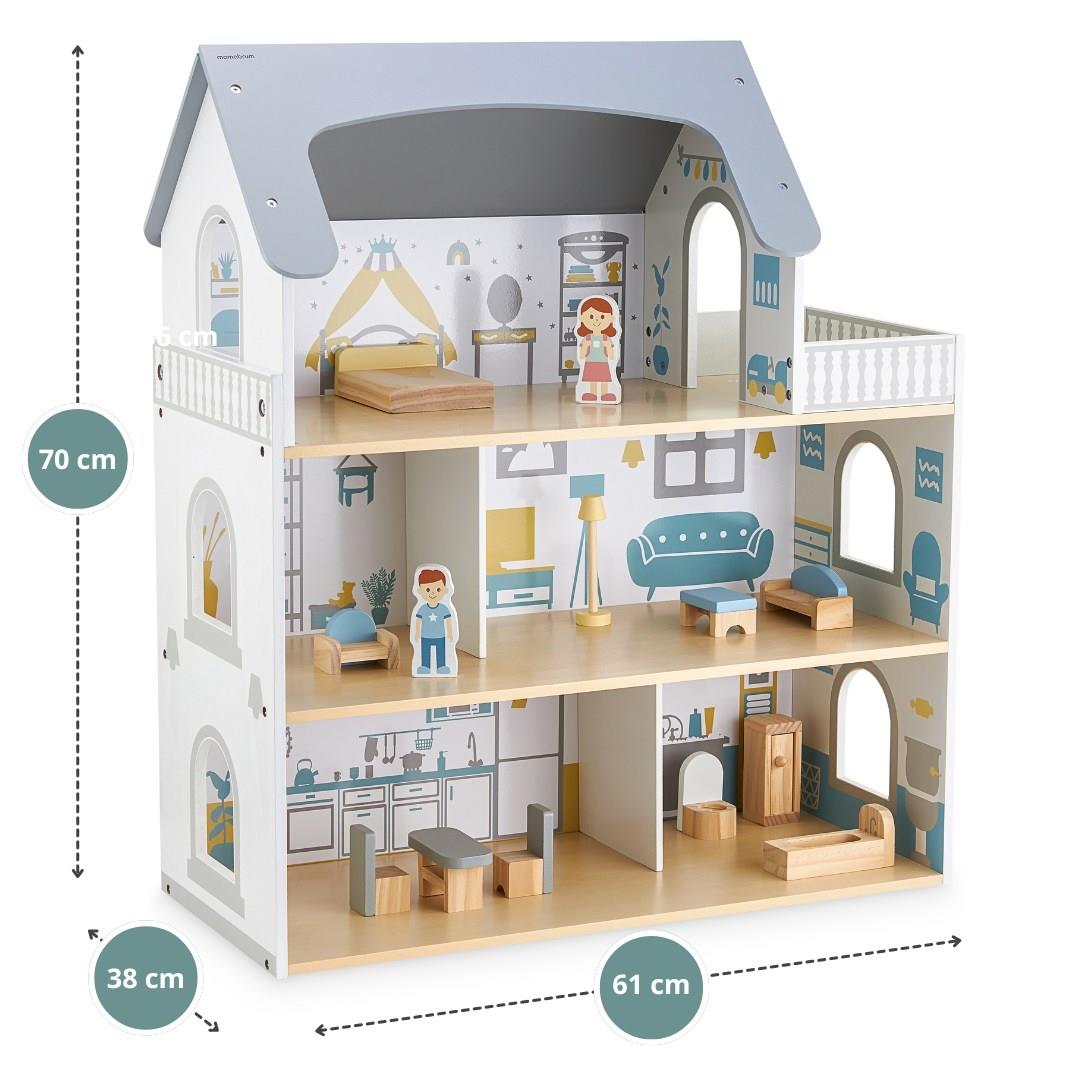 Casa delle bambole in legno bianco con terrazza e accessori