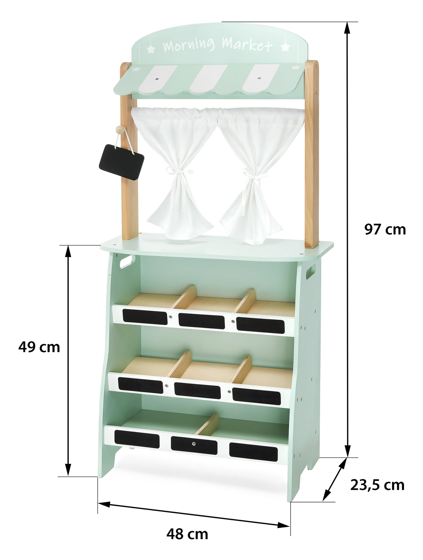 Grande negozio in legno - bancarella e teatro 2 in 1 con bilancia, terminale di pagamento, frutta e verdura