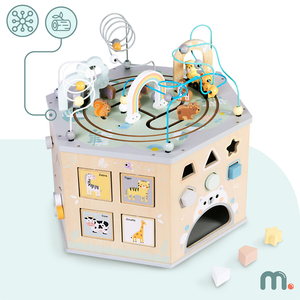 Grande cubo educativo in legno: un giocattolo Montessori con un treno magnetico e circuiti motori