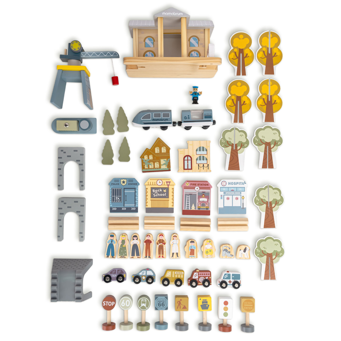 Ferrovia urbana in legno con treno elettrico - gru mobile, nave, ponti