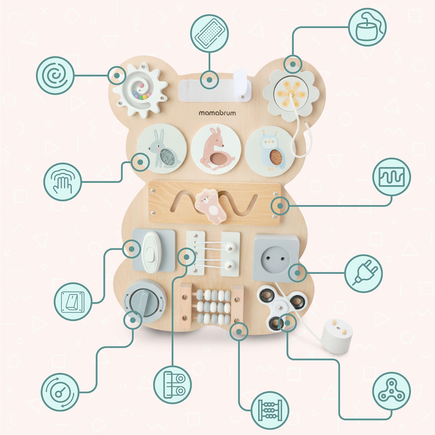 Tavola manipolativa in legno Montessori a forma di orsetto - apprendimento sensoriale dell'indipendenza: velcro, spina, labirinto, manopola a scatto