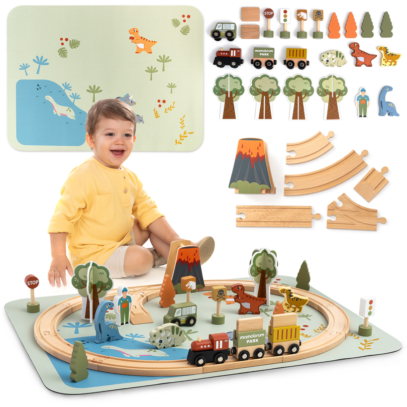 Trenino in legno Dino Park con tappetino antiscivolo - dinosauri, treno, binari, vulcano, campana