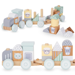 Treno di legno con blocchi per bambino - Fattoria