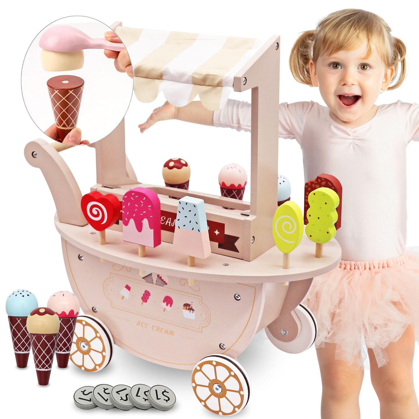 Gelateria in legno per bambini - carrello su ruote con accessori