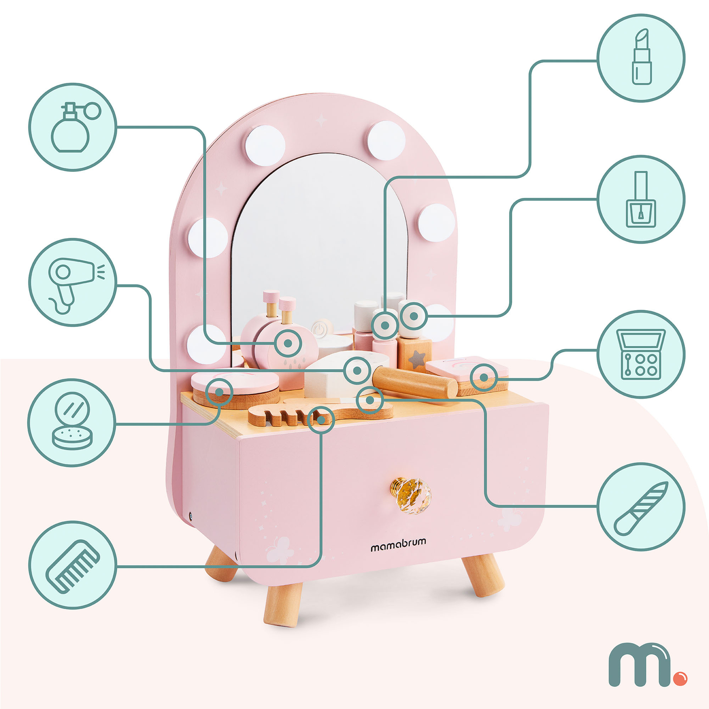 Mini toletta in legno per bambini con accessori e illuminazione a LED con regolazione continua della luminosità