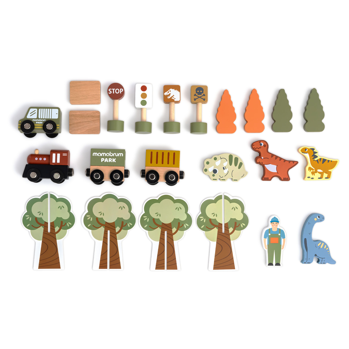 Trenino in legno Dino Park con tappetino antiscivolo - dinosauri, treno, binari, vulcano, campana