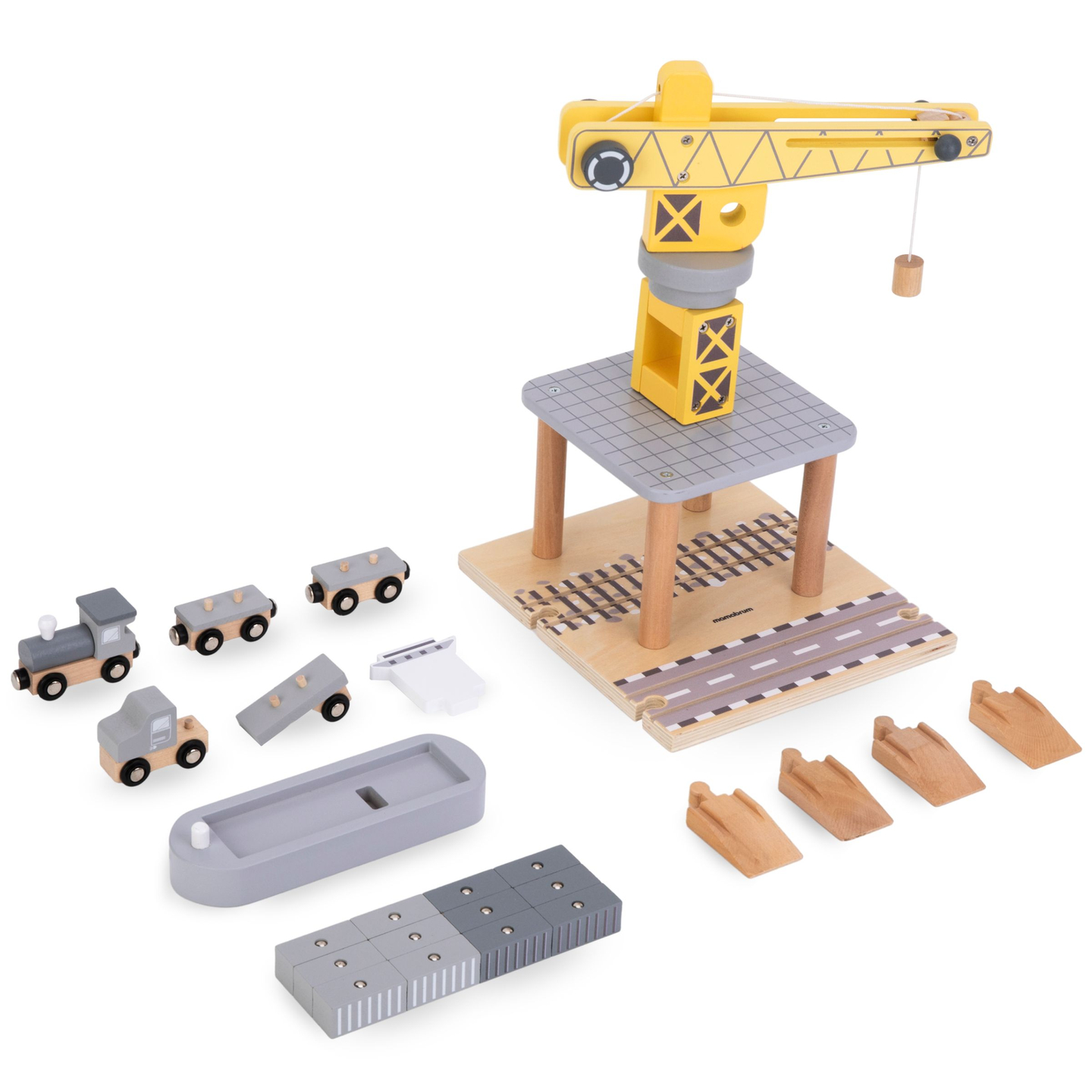 Gru portuale mobile con argano magnetico e accessori - set in legno