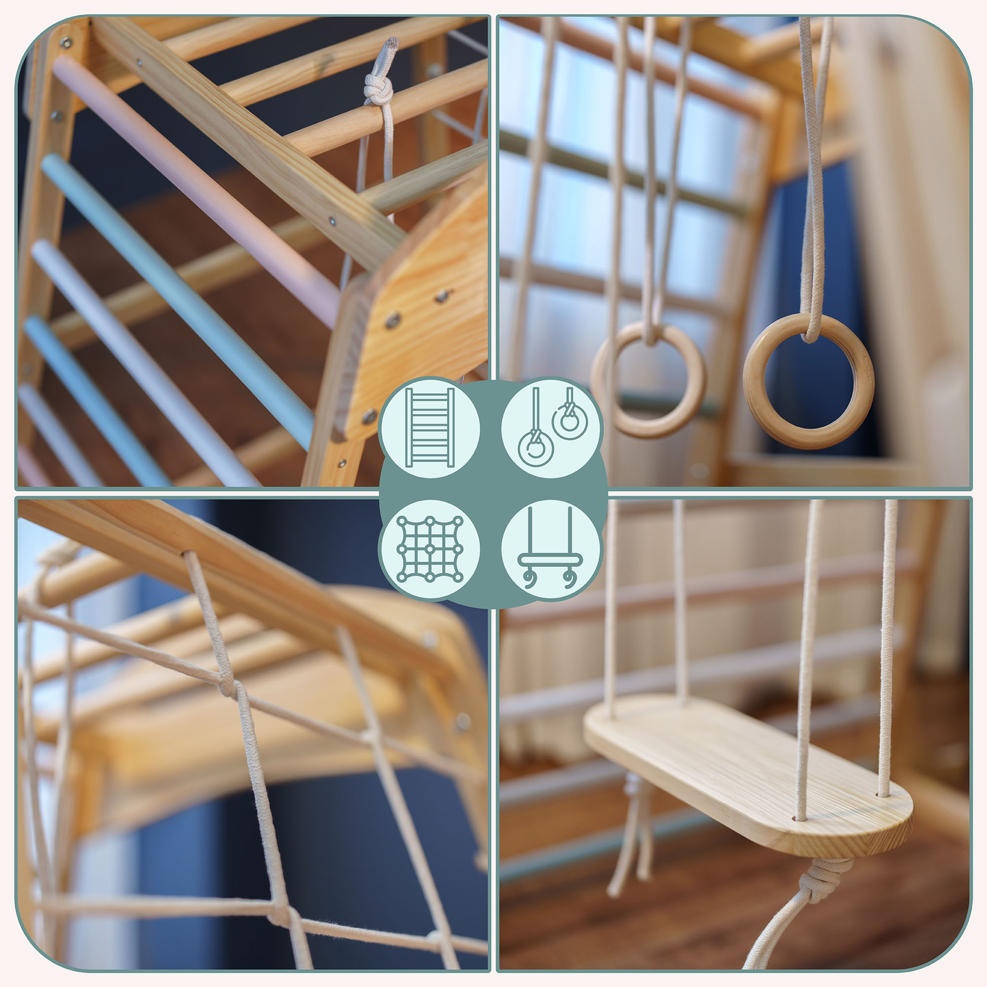 Parco giochi in legno al coperto con altalena, anelli da ginnastica e rete da arrampicata