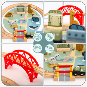 Treno ZOO in legno – puzzle, treno, binari, animali, ponte, barriera