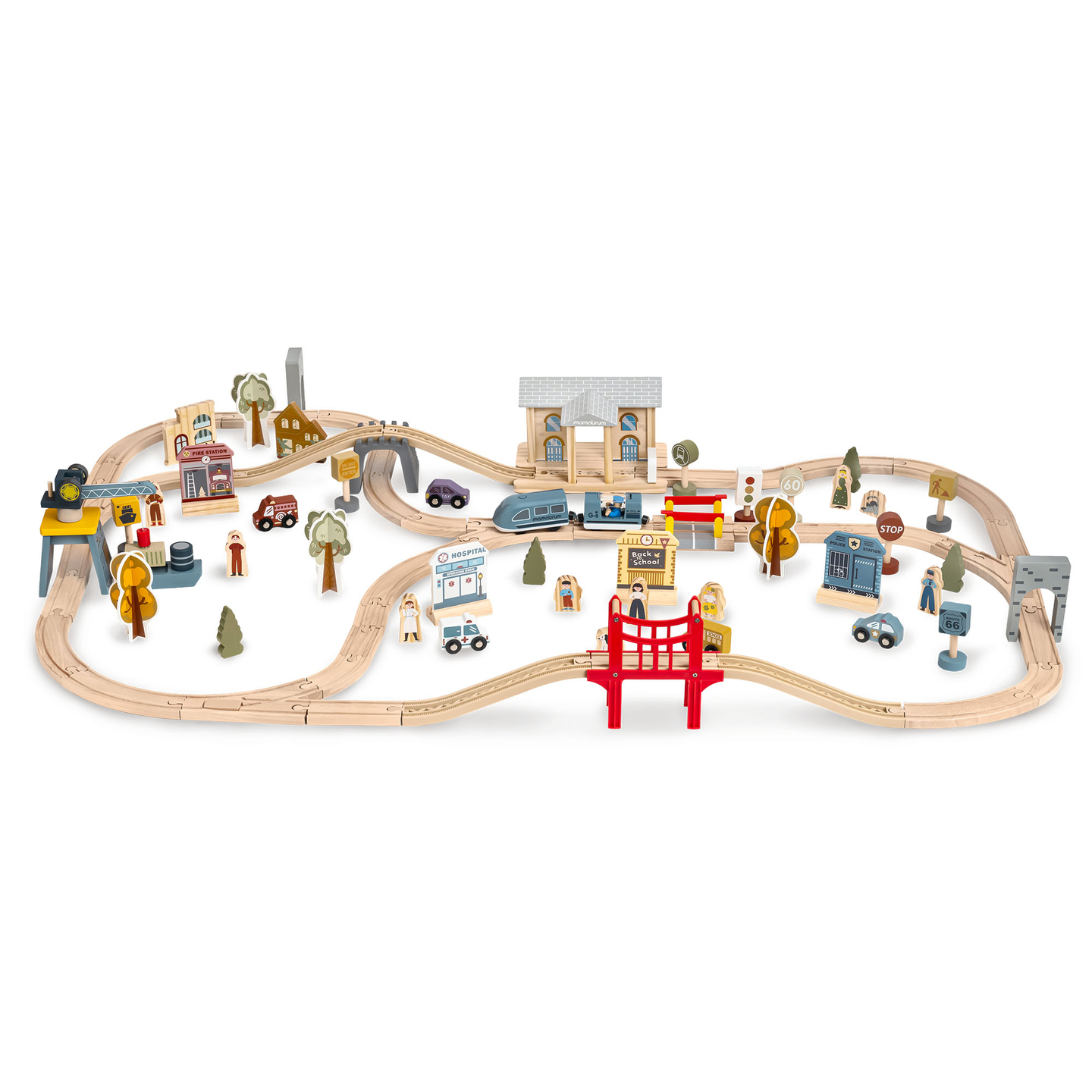 Ferrovia urbana in legno con treno elettrico - gru mobile, nave, ponti