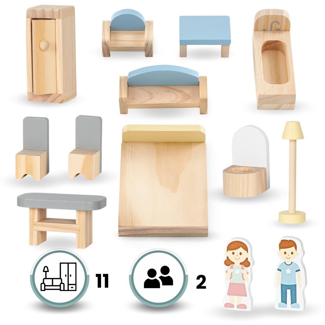 Casa delle bambole in legno bianco con terrazza e accessori