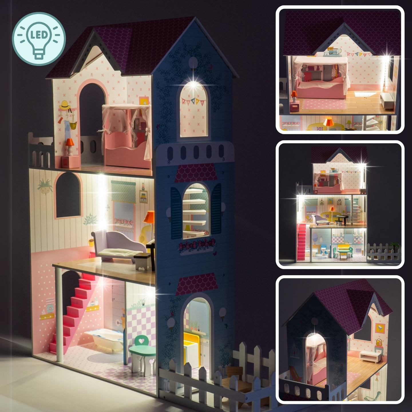 XXL La più grande casa delle bambole in legno - 123 cm - illuminata a LED - terrazza, accessori, giardino