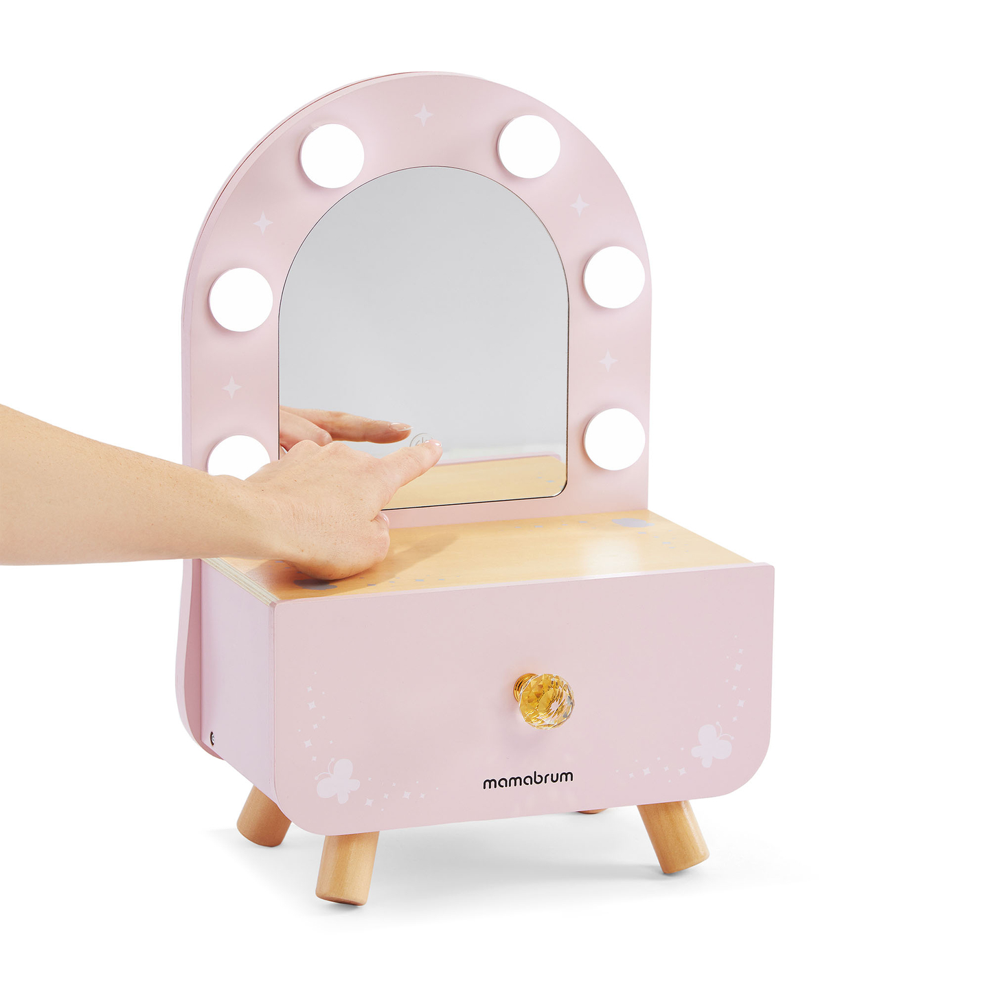 Mini toletta in legno per bambini con accessori e illuminazione a LED con regolazione continua della luminosità