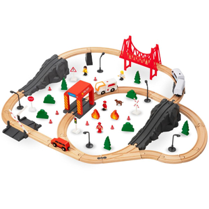 Treno in legno, treno a batteria - Vigili del fuoco, binari, automobili, ponti, barriera