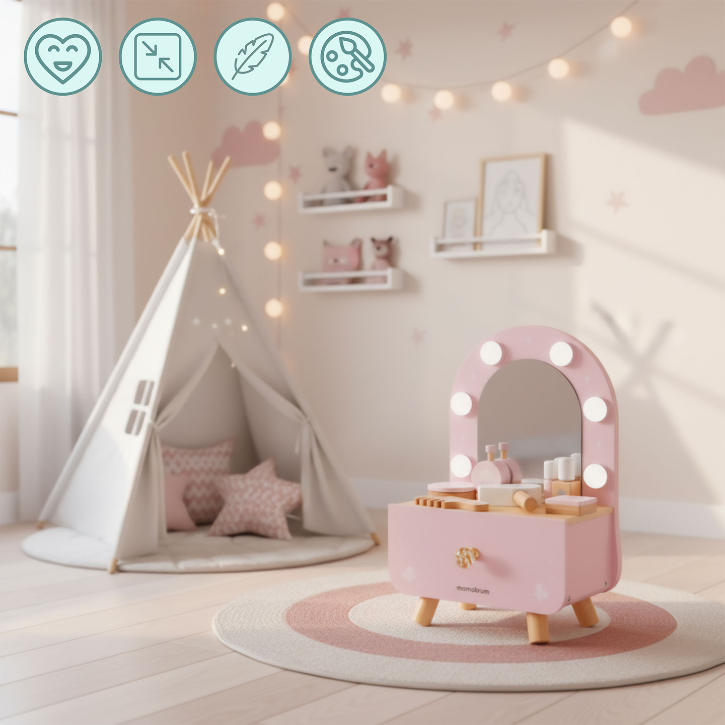 Mini toletta in legno per bambini con accessori e illuminazione a LED con regolazione continua della luminosità