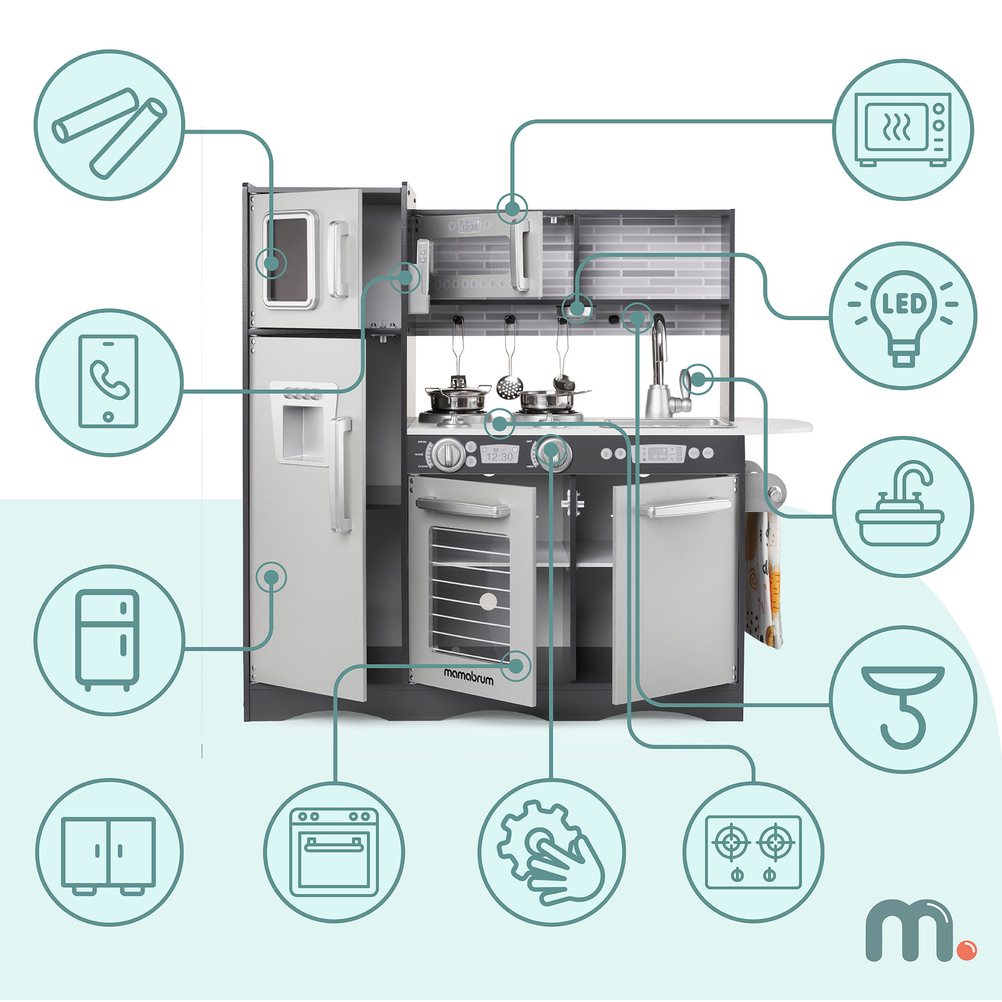 Cucina in legno XXL con illuminazione a LED, grembiule e accessori