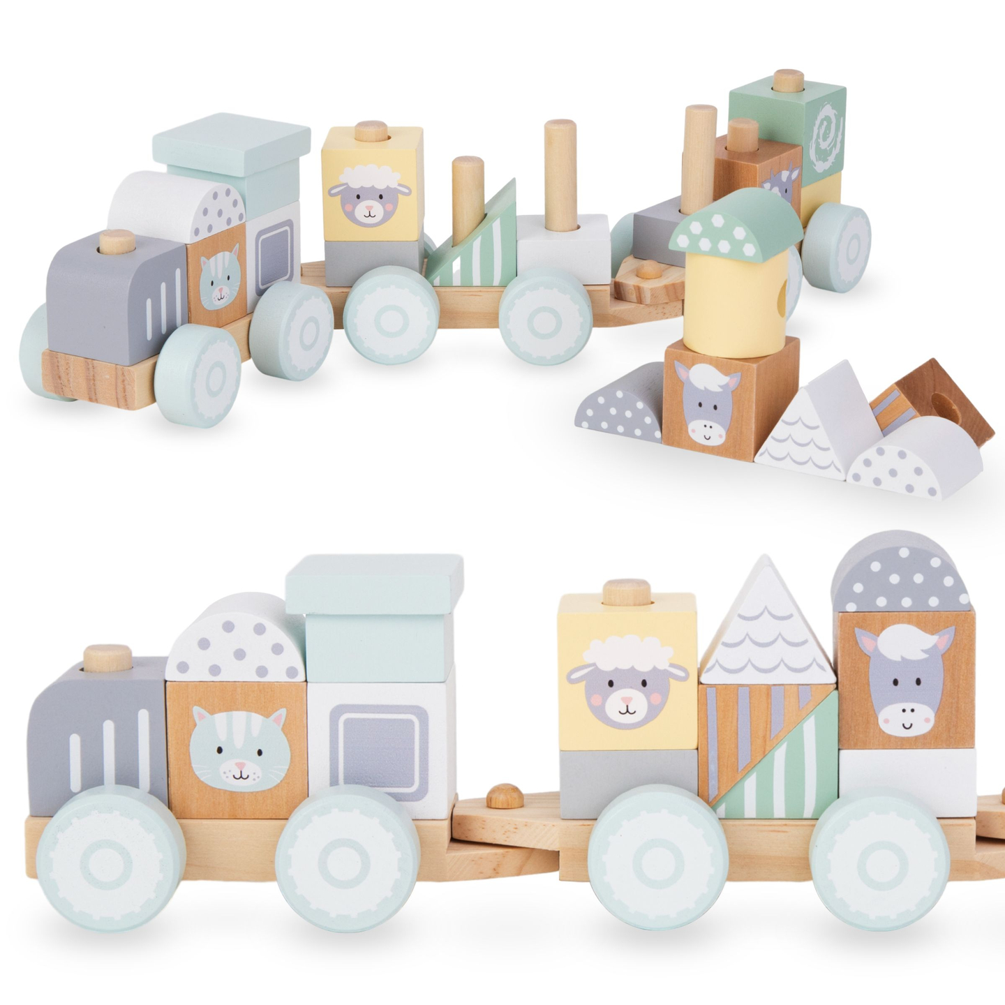 Treno di legno con blocchi per bambino - Fattoria