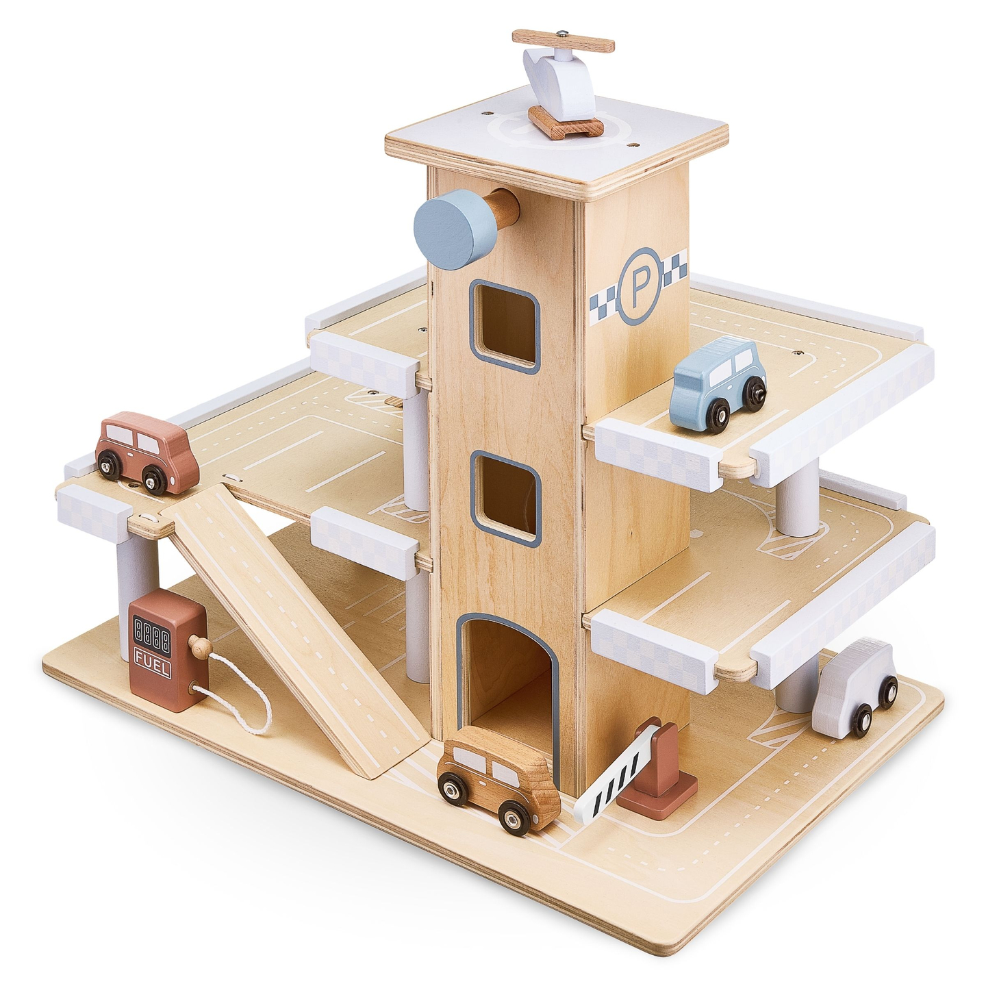 Parcheggio in legno a tre piani con ascensore - garage con auto ed elicottero