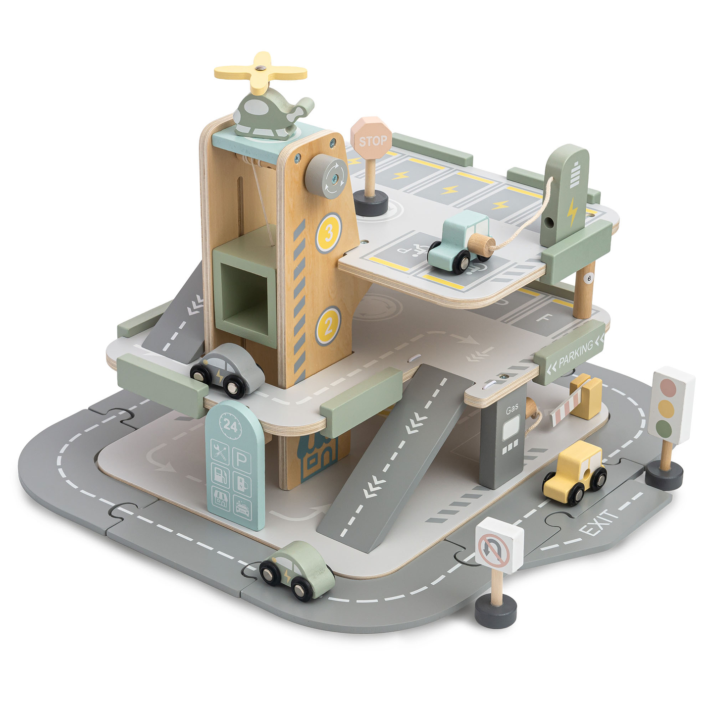 Garage in legno a tre piani per bambini con accessori: parcheggio, stazione di servizio, autolavaggio, elicottero