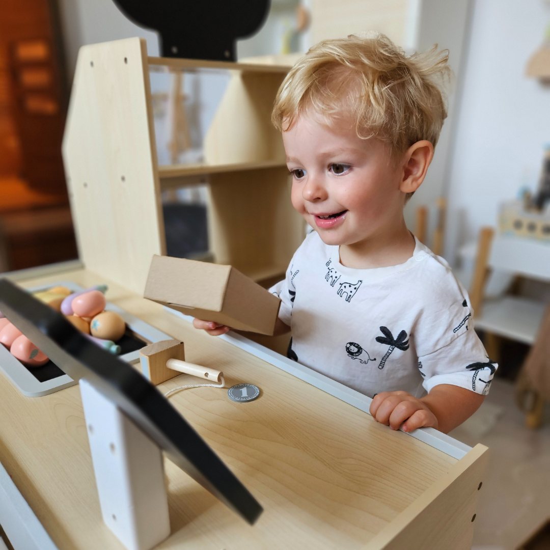 Mercato ortofrutticolo in legno - grande bancarella XXL, negozio con registratore di cassa