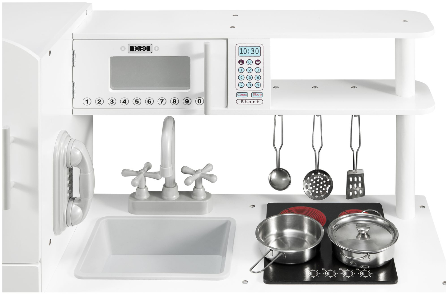 Grandi accessori da cucina in legno bianco e grembiule