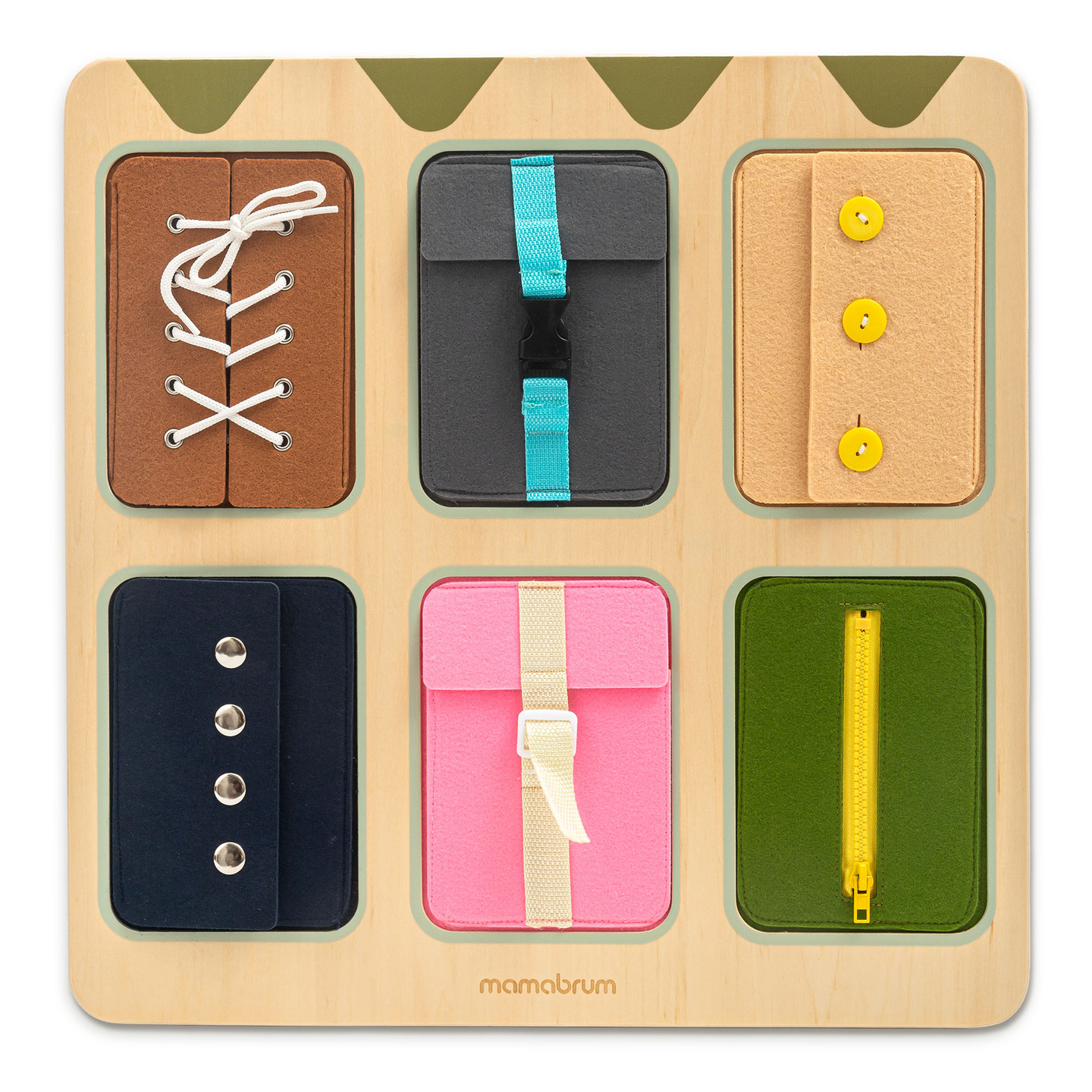 Tavola manipolativa Montessori in legno – Apprendimento sensoriale dell'indipendenza - lacci, fibbie, bottoni, automatici, cerniera