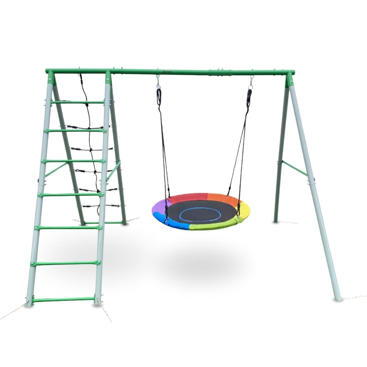 Parco giochi da giardino XL per bambini con altalena a nido di cicogna, scala e rete da arrampicata