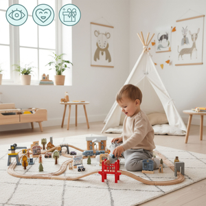 Ferrovia urbana in legno con treno elettrico - gru mobile, nave, ponti