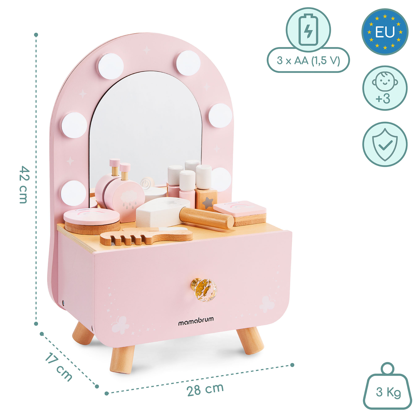 Mini toletta in legno per bambini con accessori e illuminazione a LED con regolazione continua della luminosità