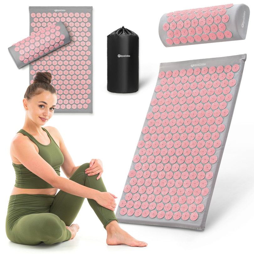 Tappetino per agopressione con cuscino e fodera - 72 cm HyperMotion grigio e rosa