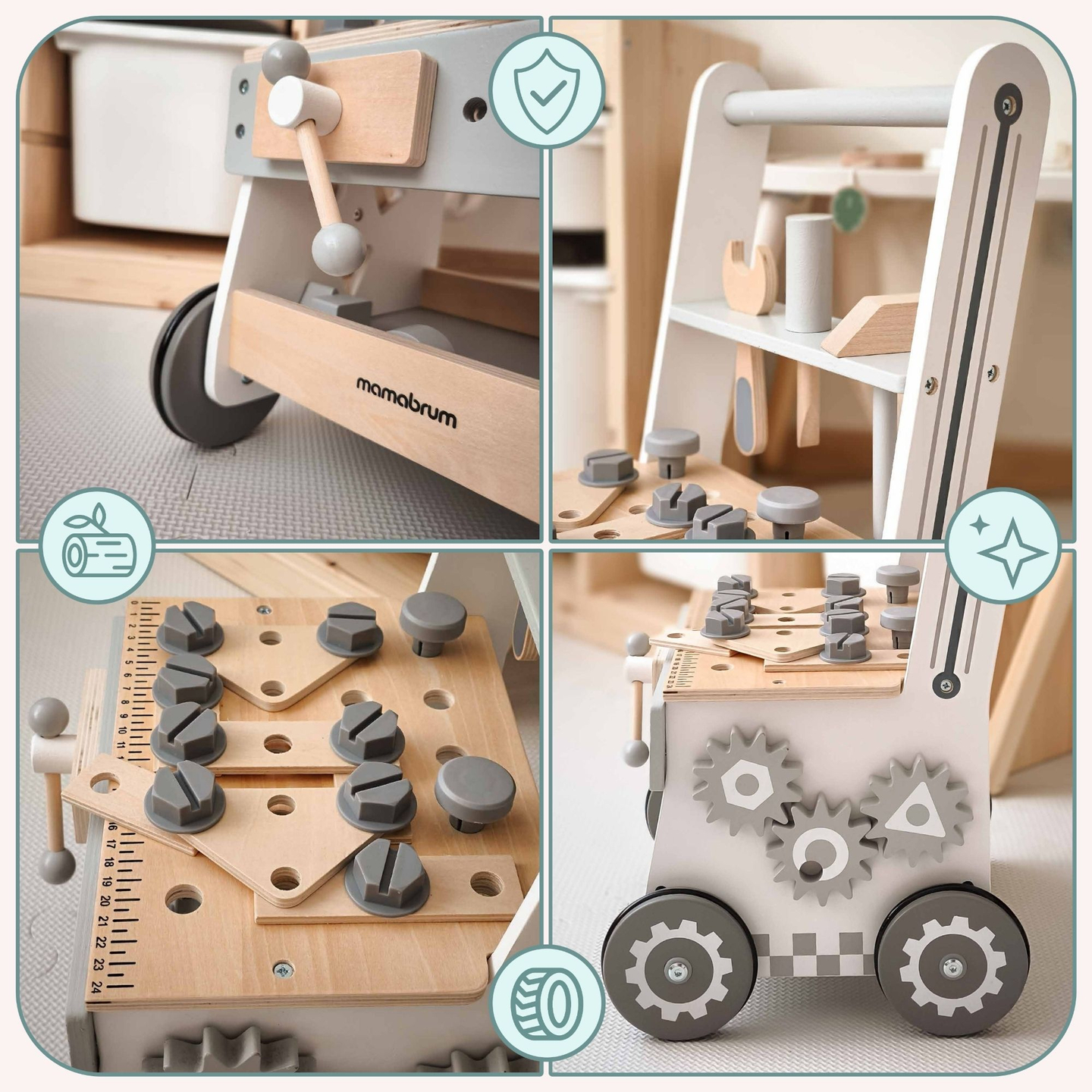 Deambulatore, spingitore e laboratorio in legno 3 in 1 - 47 elementi