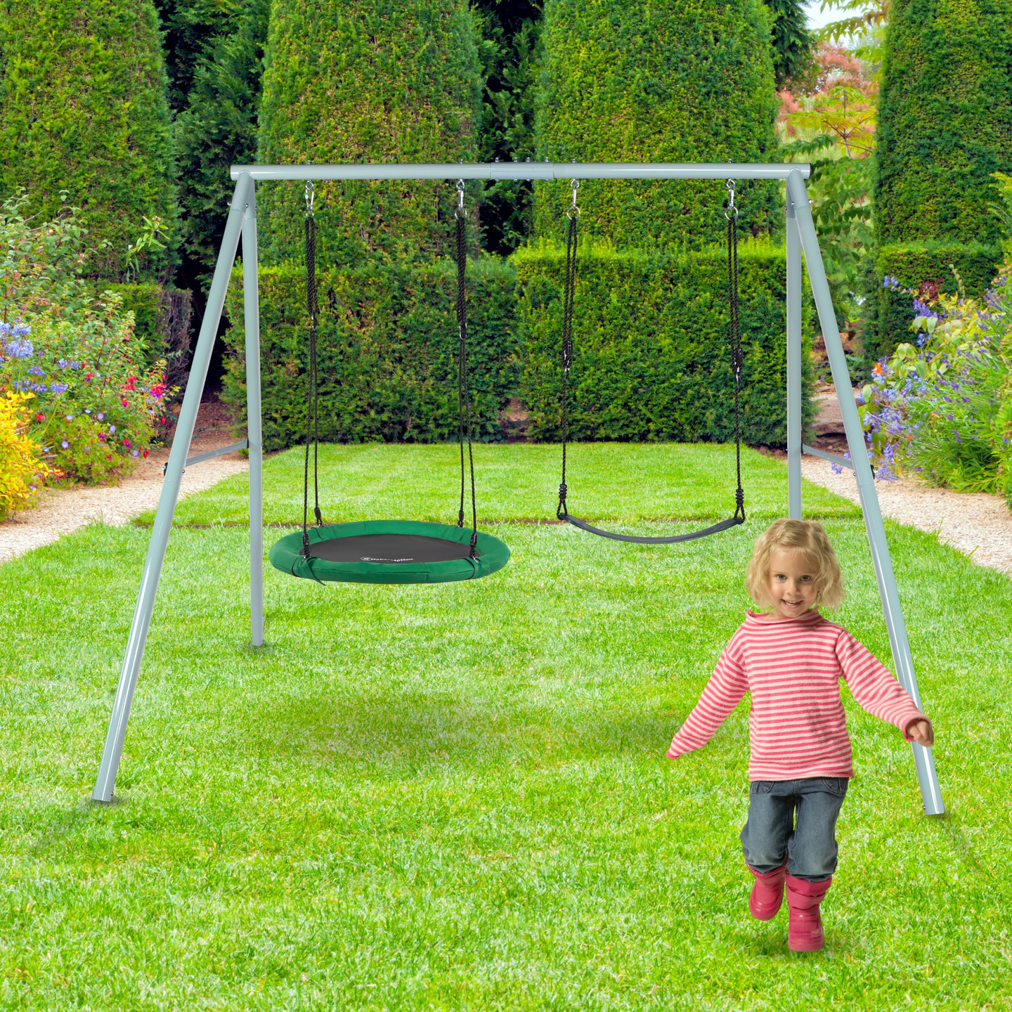 Altalena da giardino doppia con telaio e corde - seduta e nido di cicogna