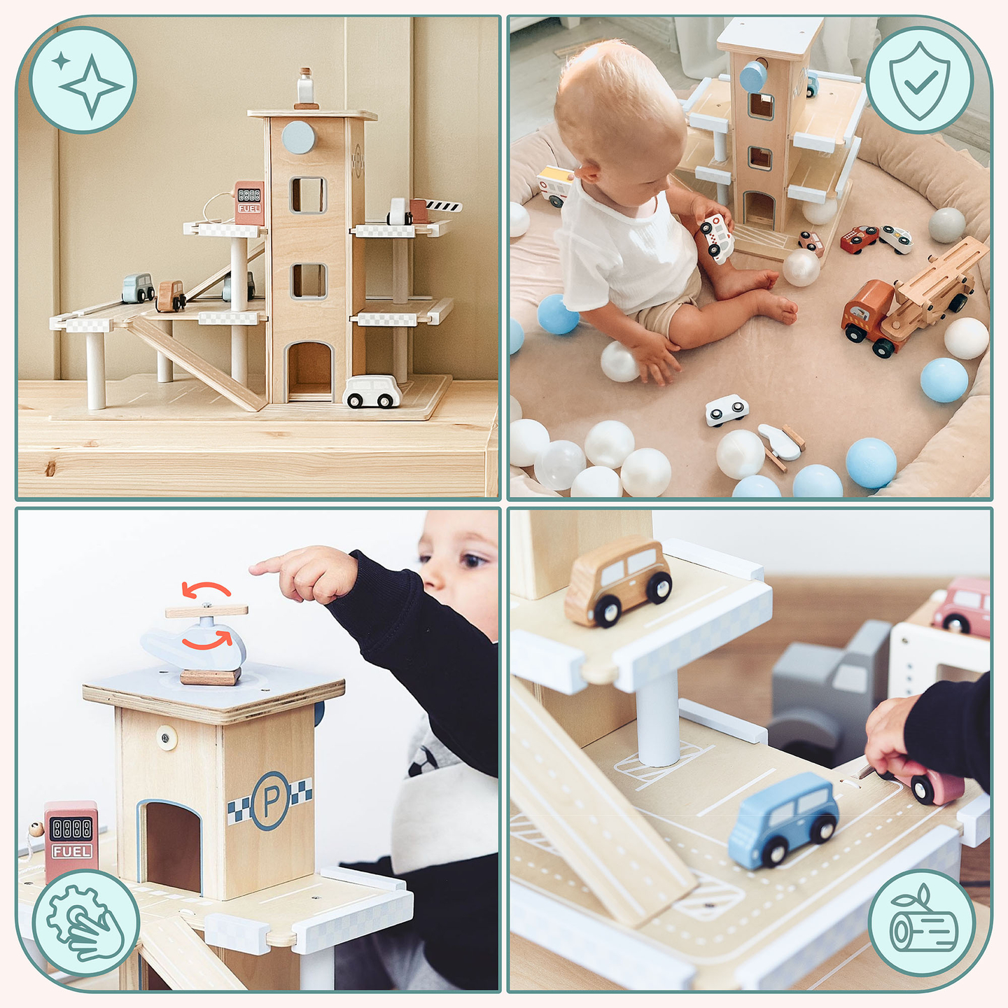 Parcheggio in legno a tre piani con ascensore - garage con auto ed elicottero