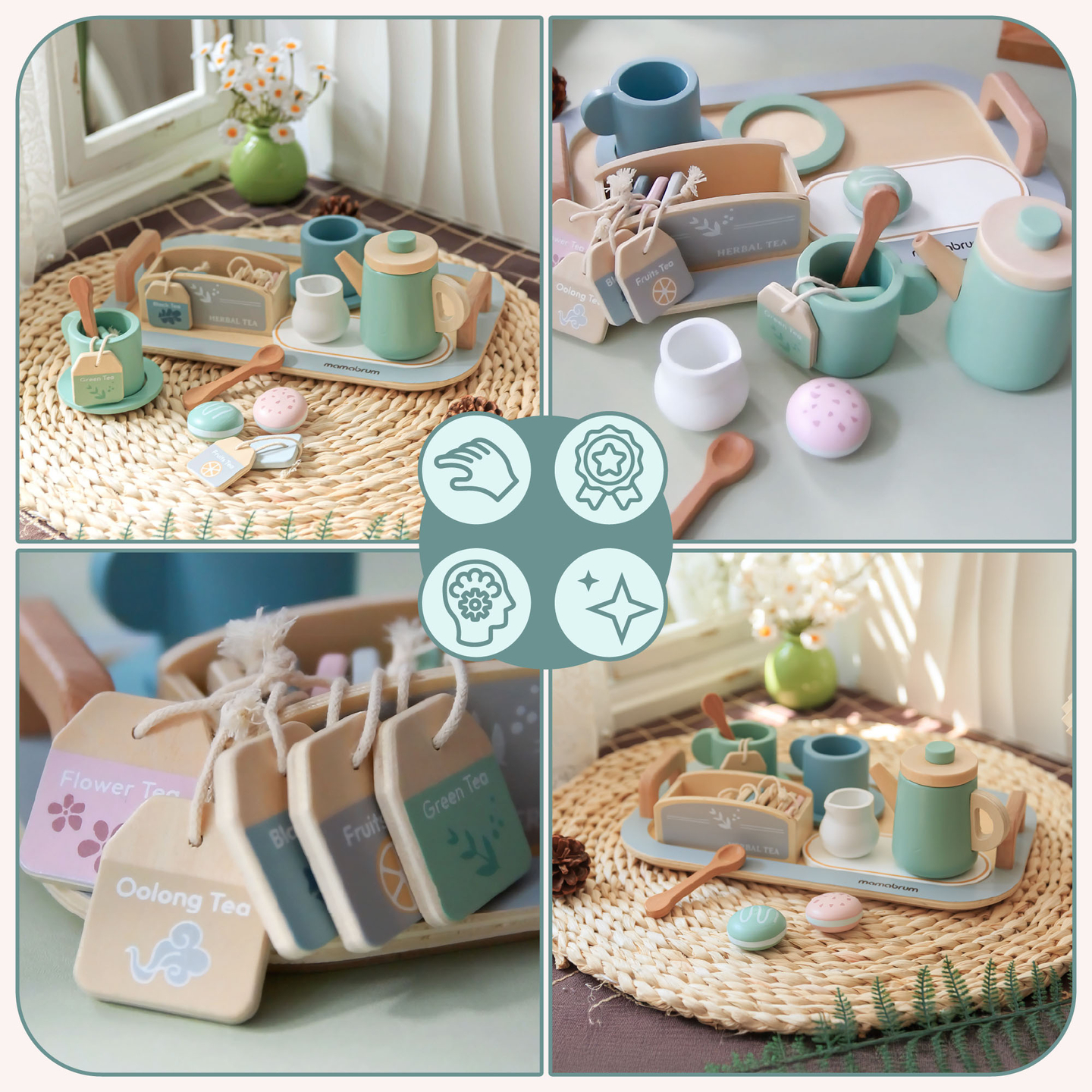 Grande set da tè in legno con vassoio - 18 articoli