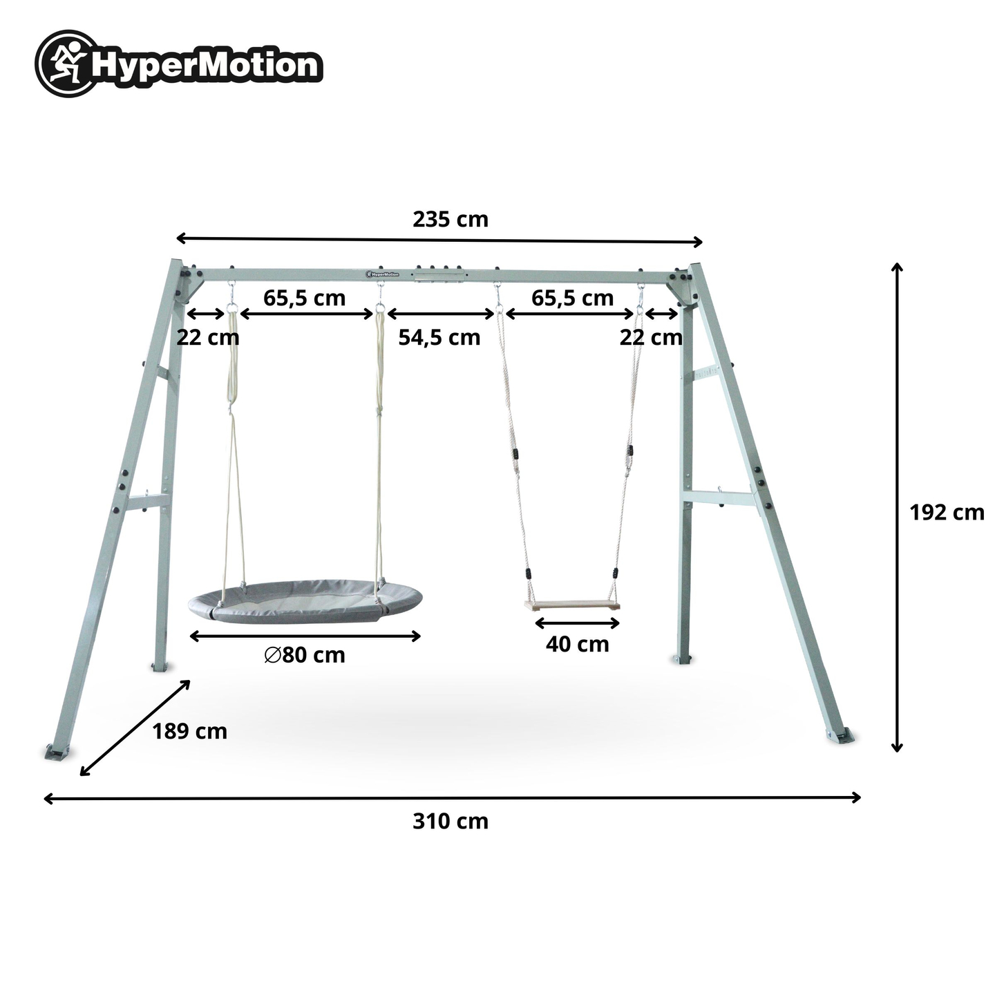 Altalena doppia con accessori - struttura in acciaio - nido di cicogna, dondolo e amaca