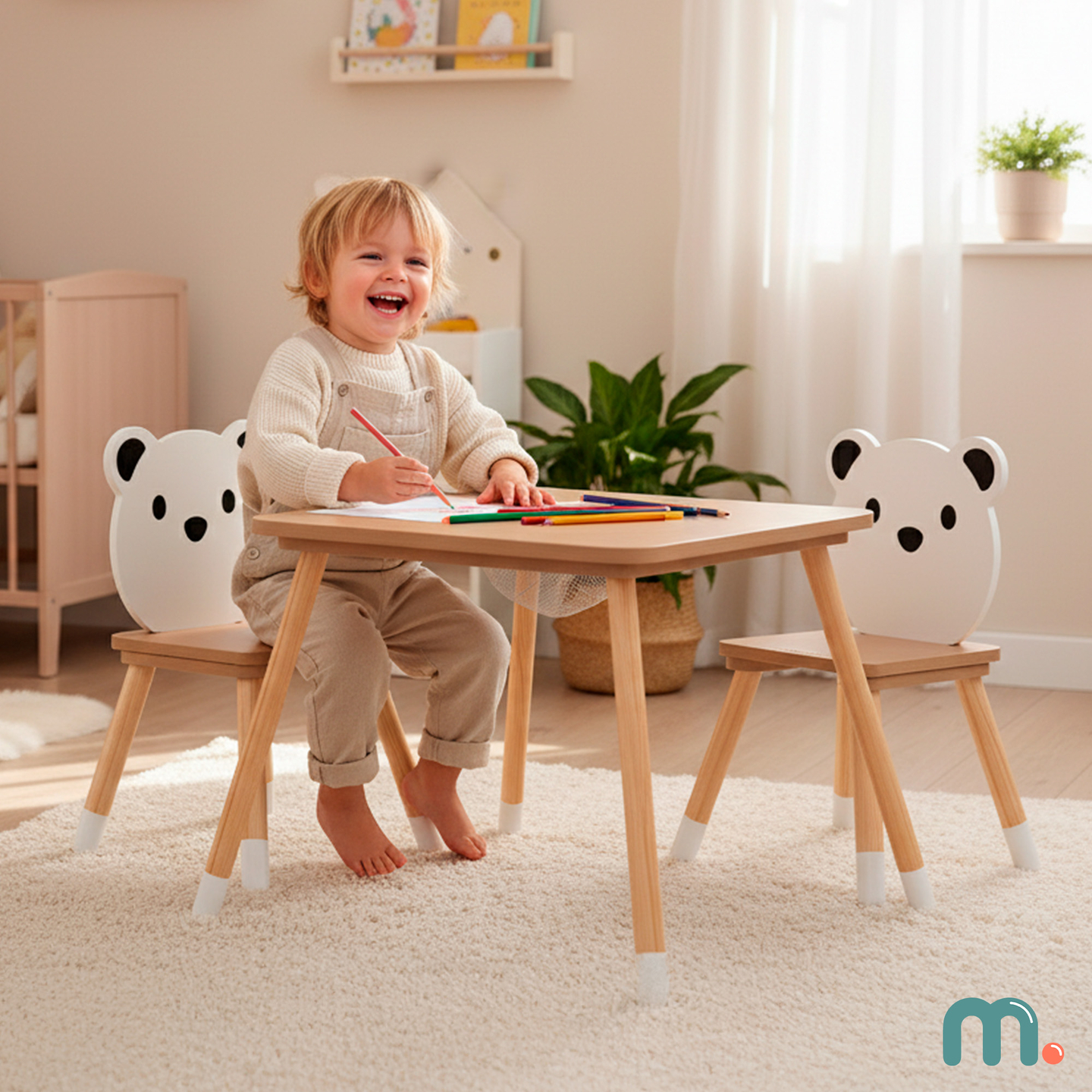 Tavolo in legno con contenitore e 2 sedie Set per bambini - Orsetto di peluche carino