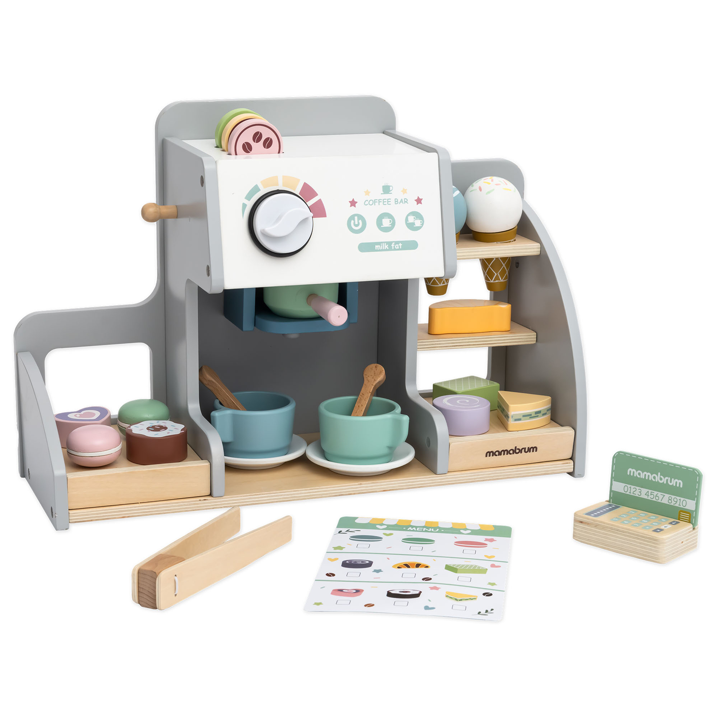 Una grande gelateria in legno con lavagna magnetica, macchina del caffè e set di gelati e dessert - oltre 70 pezzi!