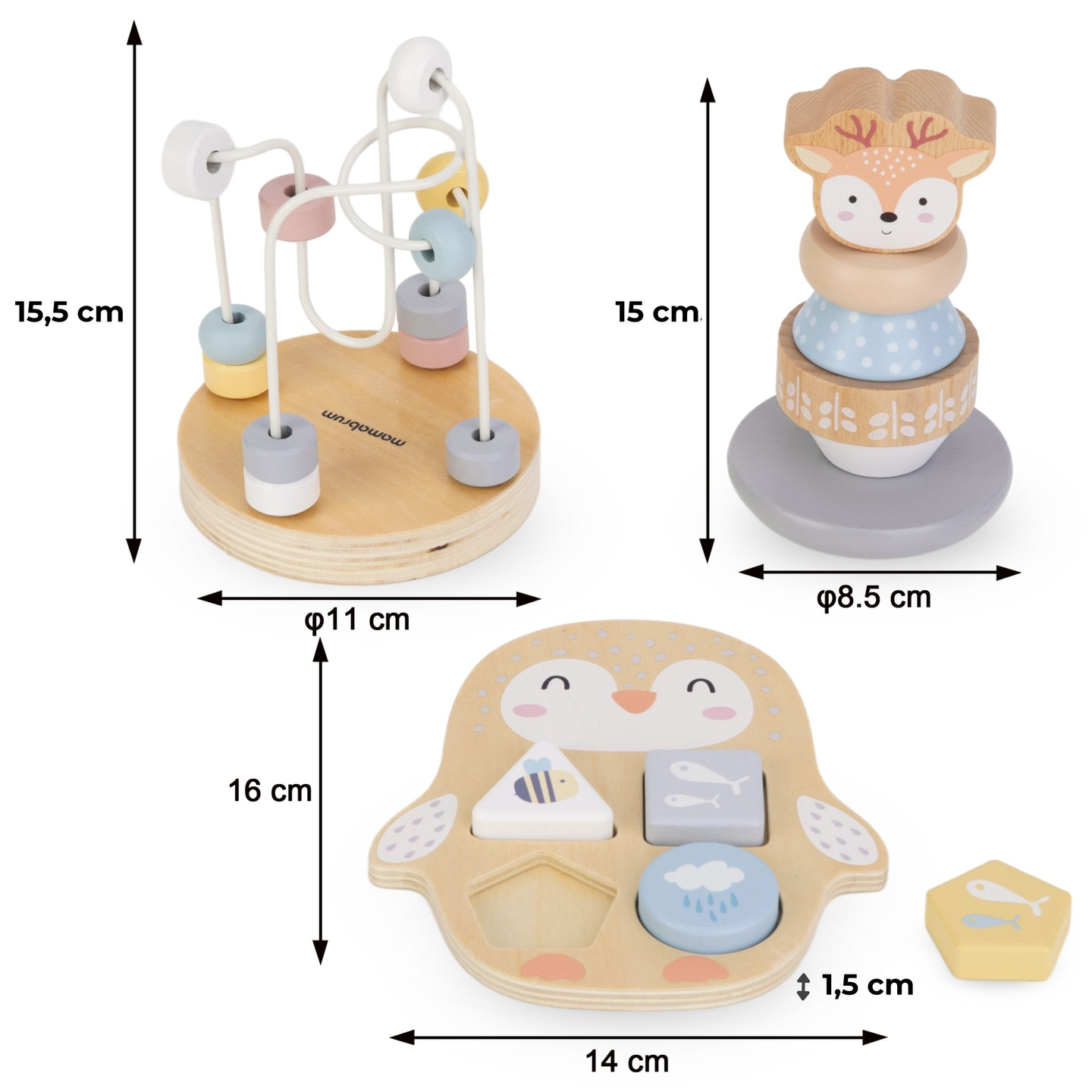 Set di giocattoli in legno - intreccio colorato, piramide Deer, selezionatore Penguin