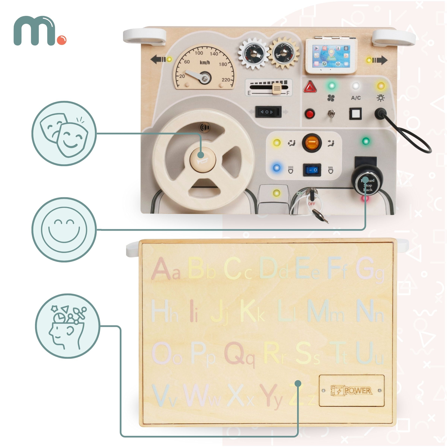 Tavola da gioco montessoriana in legno per bambini piccoli - cruscotto dell'automobile