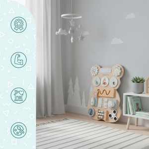 Tavola manipolativa in legno Montessori a forma di orsetto - apprendimento sensoriale dell'indipendenza: velcro, spina, labirinto, manopola a scatto