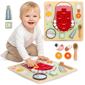 Tavola didattica Montessori in legno Piccolo Dentista - spazzolino da denti, dentifricio, denti rimovibili, specchio, cibo, apprendimento dei sapori