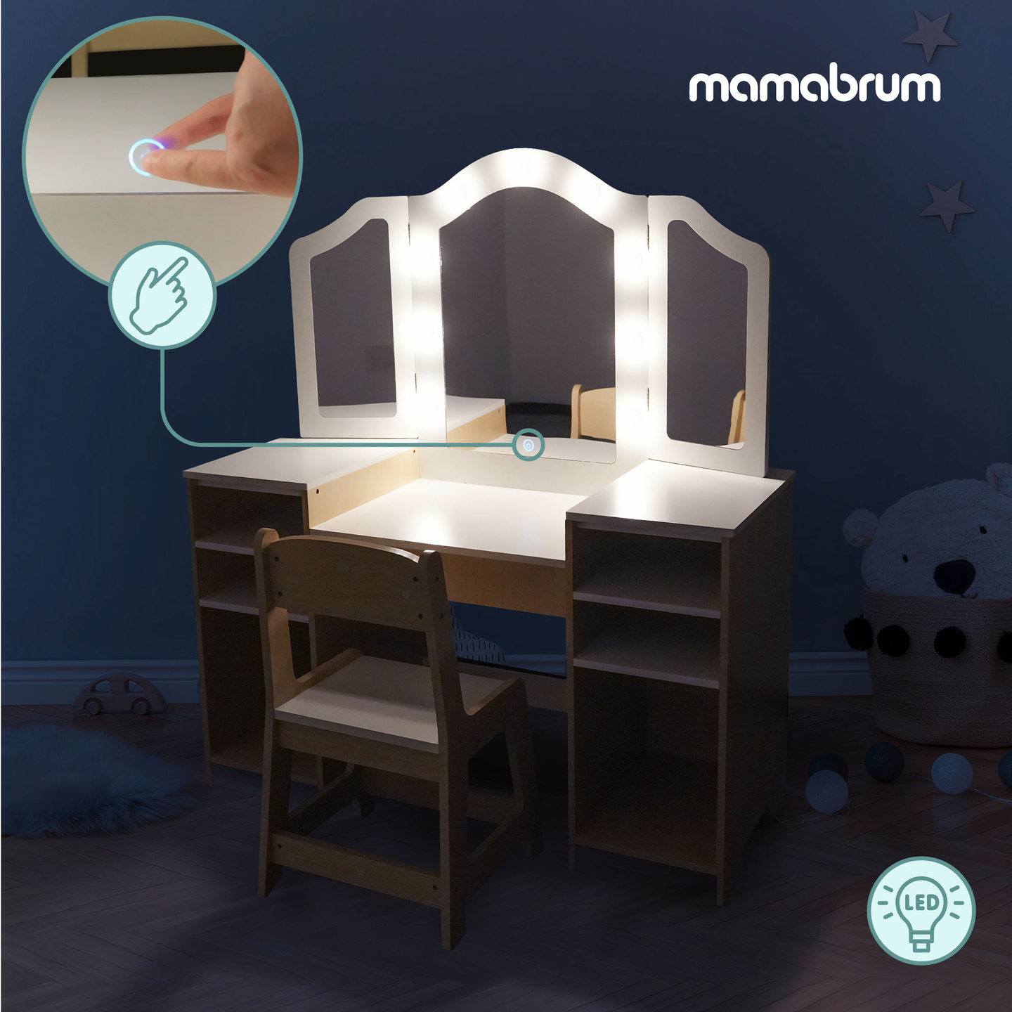Tavolino da toeletta per bambini in legno con sedia, accessori e illuminazione a LED