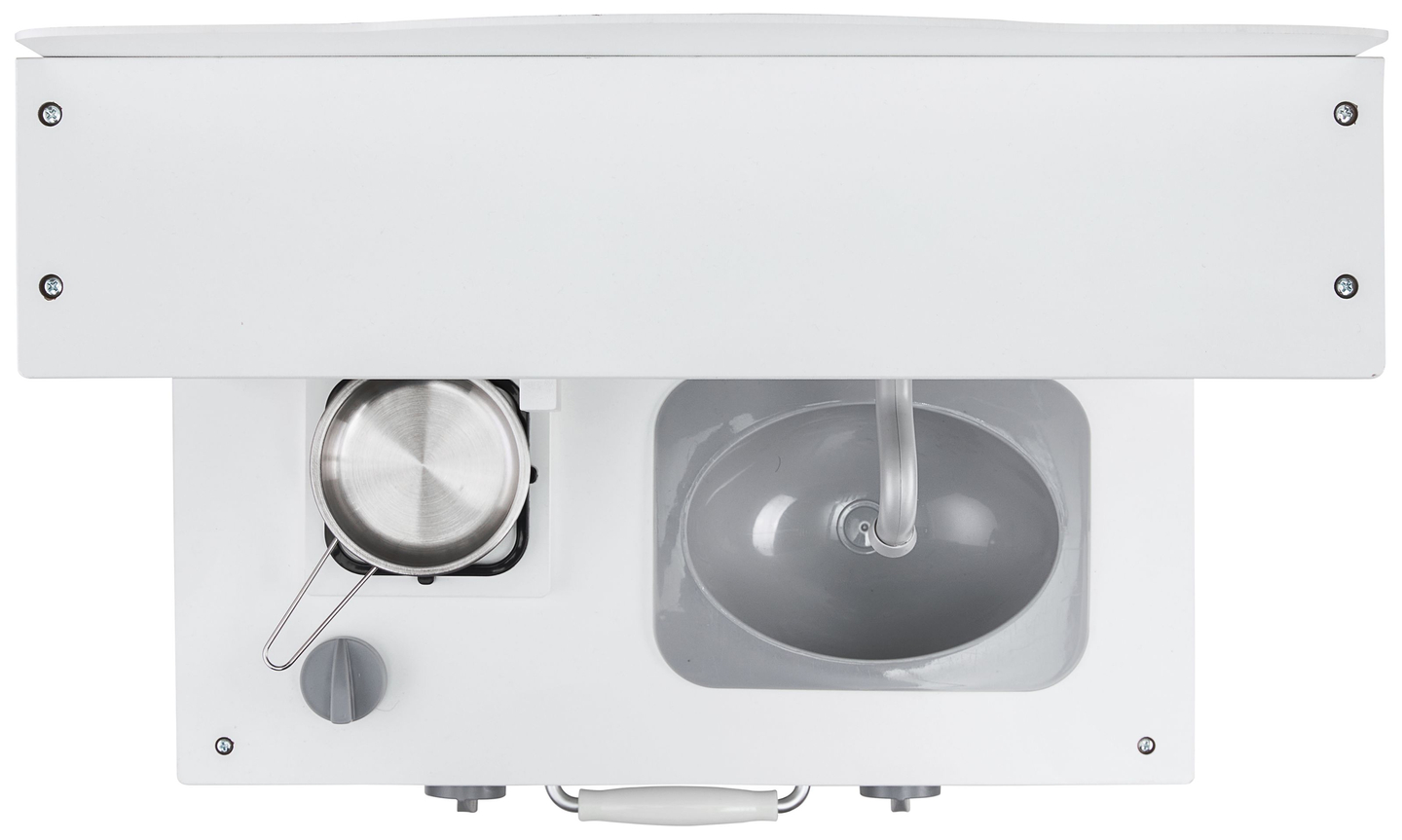 Cucina in legno bianco con grembiule, accessori e lampada LED