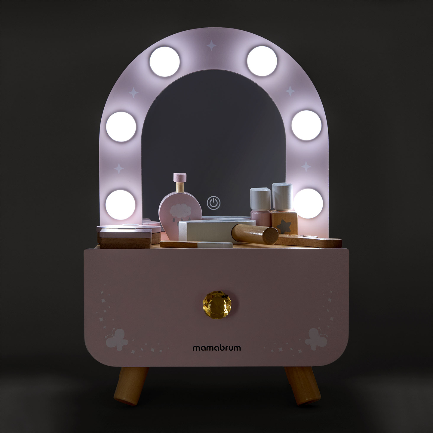 Mini toletta in legno per bambini con accessori e illuminazione a LED con regolazione continua della luminosità
