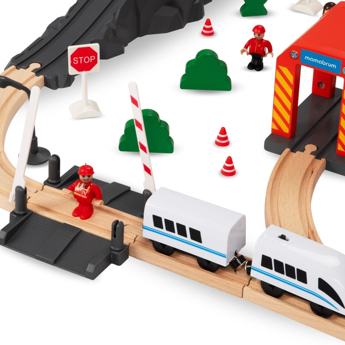 Treno in legno, treno a batteria - Vigili del fuoco, binari, automobili, ponti, barriera